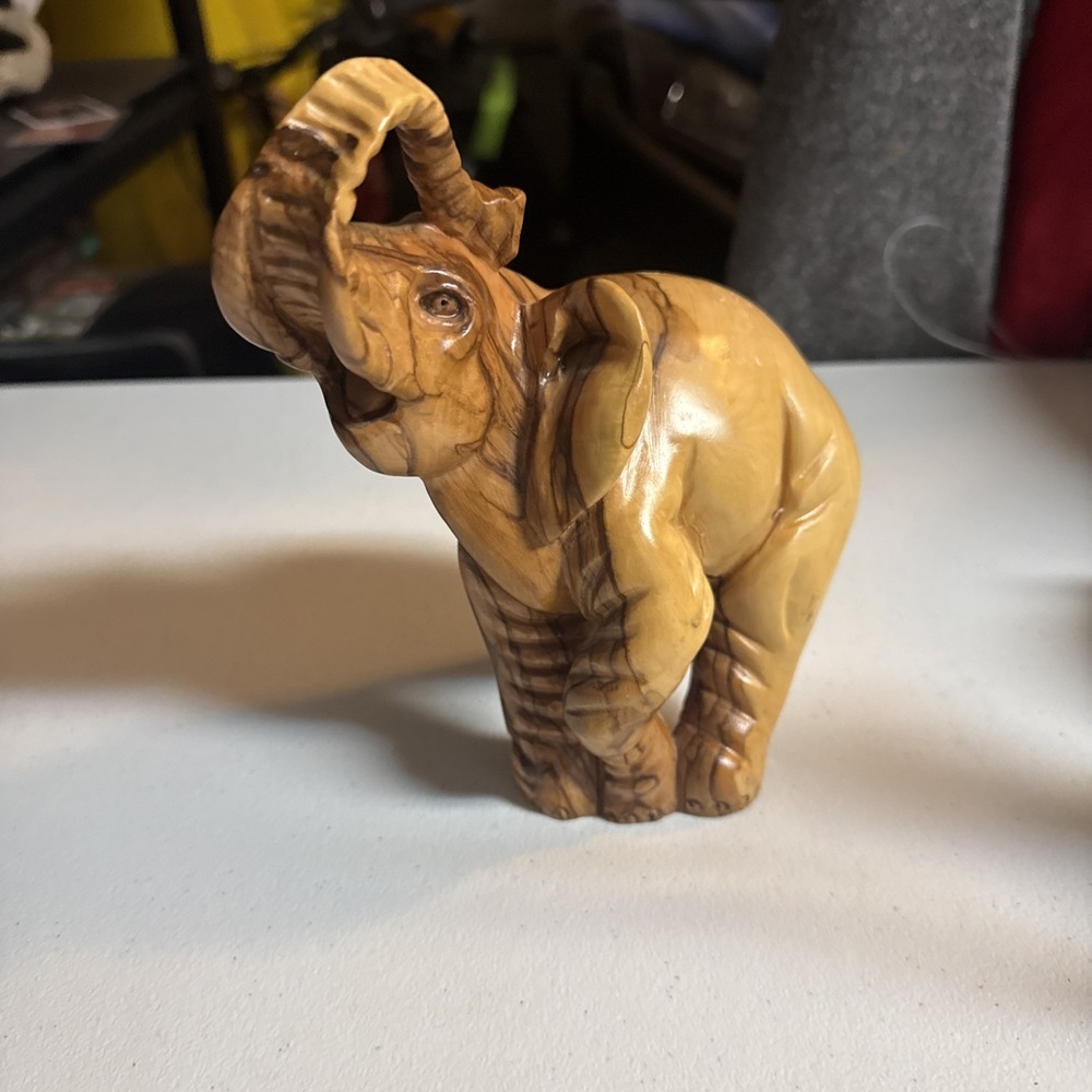 Elephant Figurine Trunk‎ Up- Carved and Marked: Made in Italy